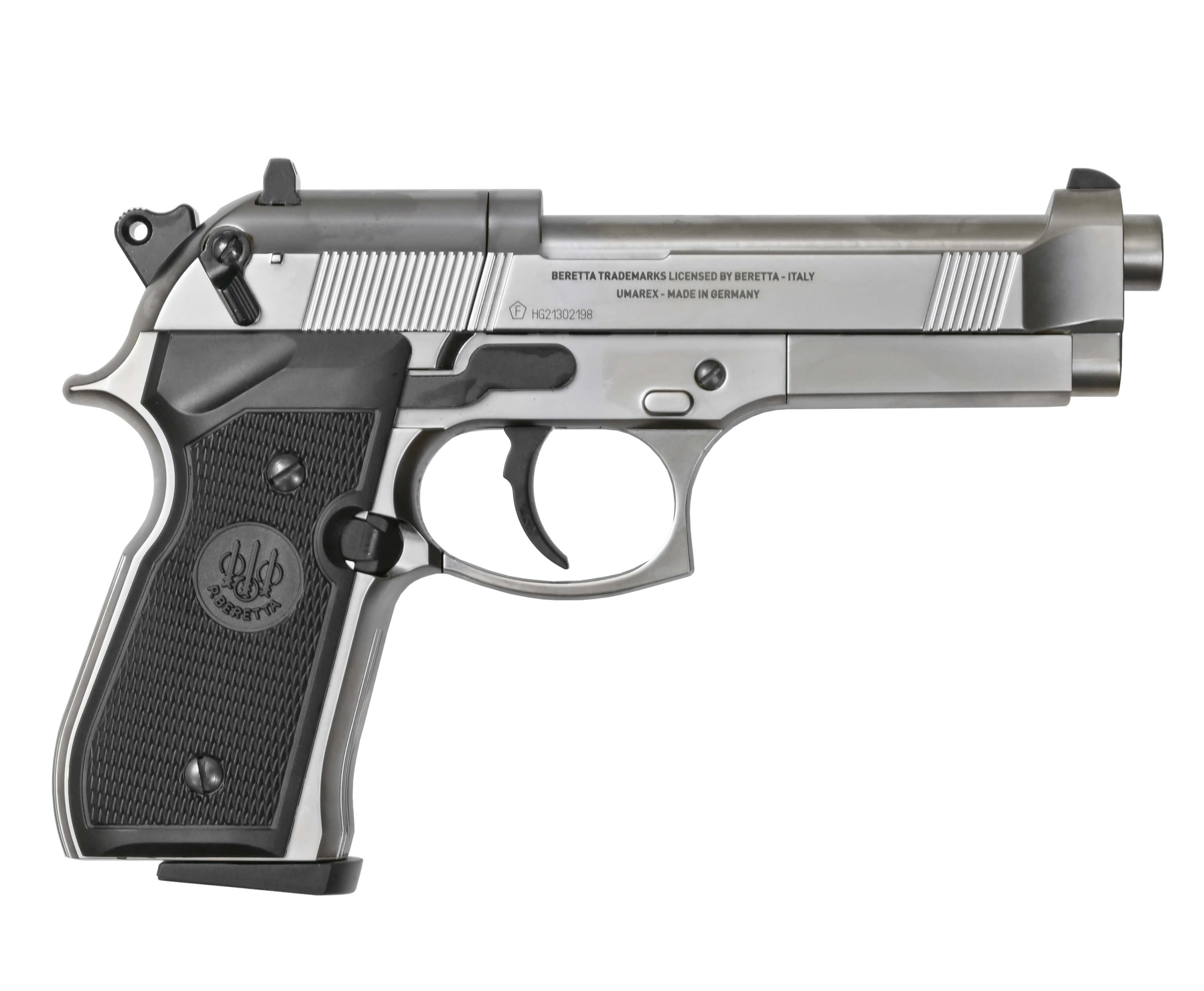 Пневматический пистолет Umarex Beretta 92 FS никель с чёрными накладками 4,5 мм